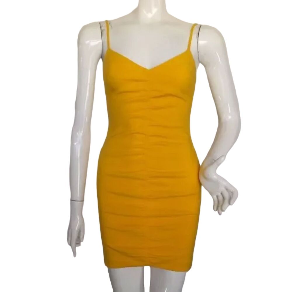 LIKELY Mini Dress, 0, Charla, Ruched, Spaghetti Strap, Bodycon, Yellow